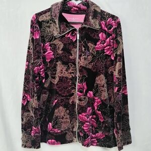 Karen Scott Velour Jacket Full Zip Womens Large Pink Floral Soft Stand Collar F